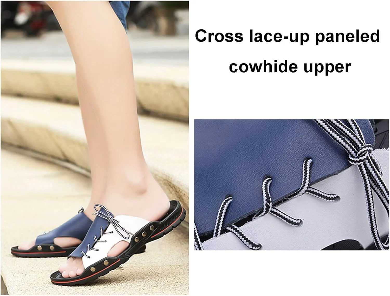 Men's Casual Slippers, Leather Comfortable Outdoor Sandals, Fashion Lightweight Open Toe Beach Shoes for Walking Beach (Black and White 41)