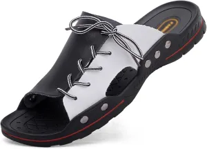 Men's Casual Slippers, Leather Comfortable Outdoor Sandals, Fashion Lightweight Open Toe Beach Shoes for Walking Beach (Black and White 41)