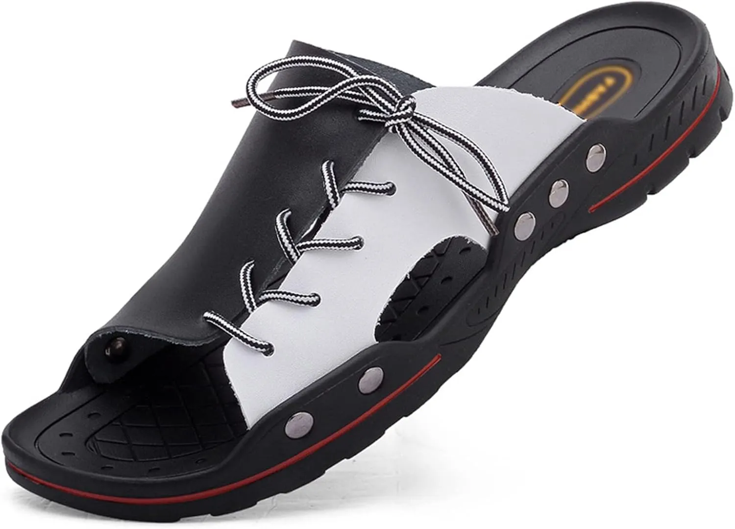 Men's Casual Slippers, Leather Comfortable Outdoor Sandals, Fashion Lightweight Open Toe Beach Shoes for Walking Beach (Black and White 41)