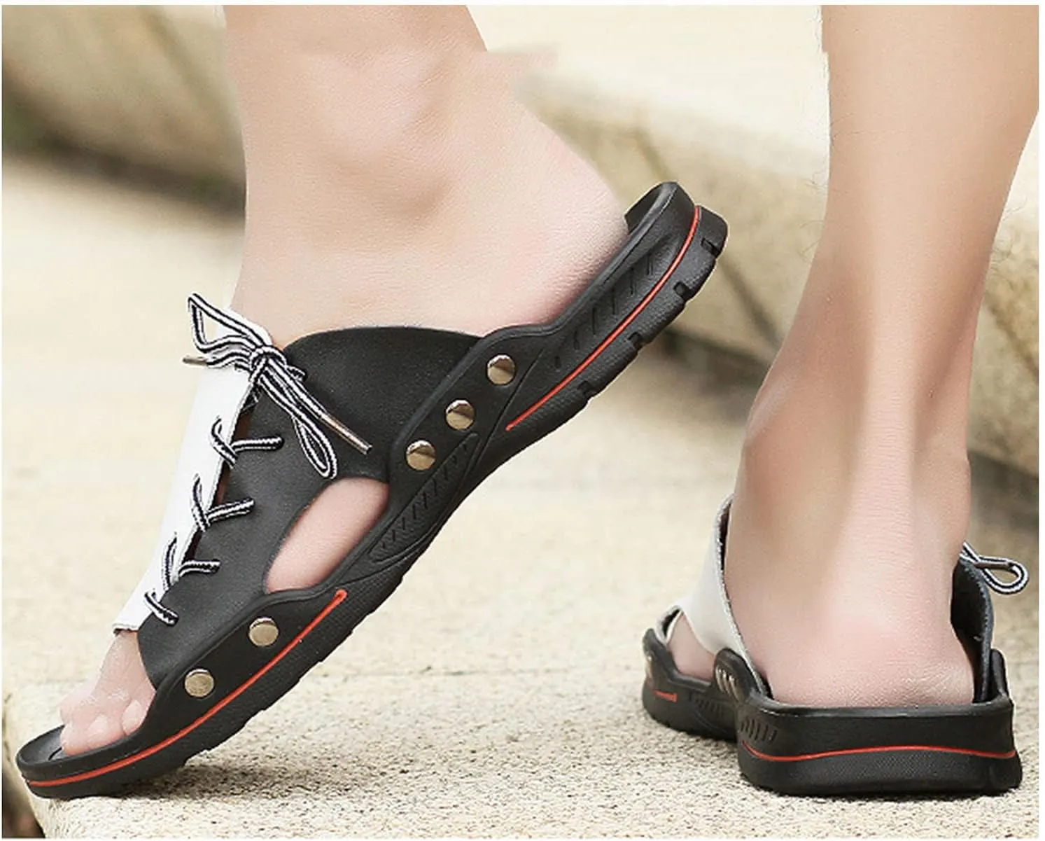 Men's Casual Slippers, Leather Comfortable Outdoor Sandals, Fashion Lightweight Open Toe Beach Shoes for Walking Beach (Black and White 41)