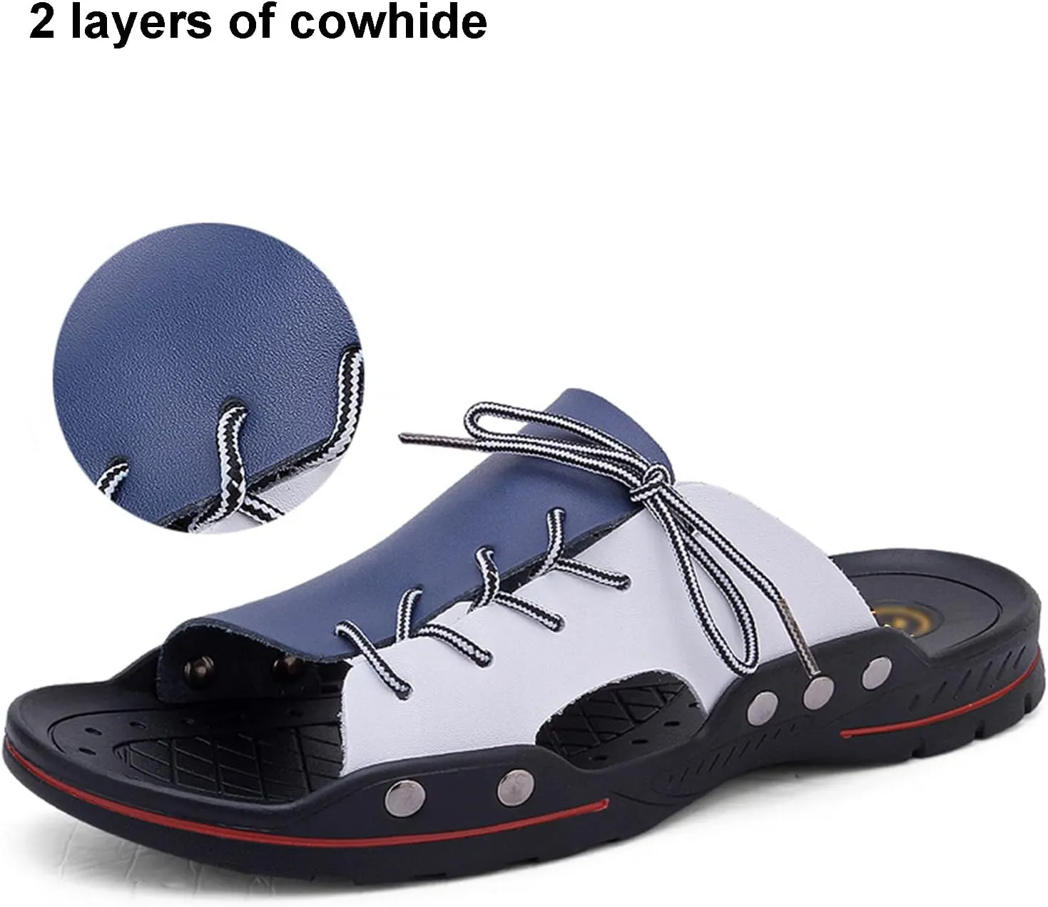 Men's Casual Slippers, Leather Comfortable Outdoor Sandals, Fashion Lightweight Open Toe Beach Shoes for Walking Beach (Black and White 41)