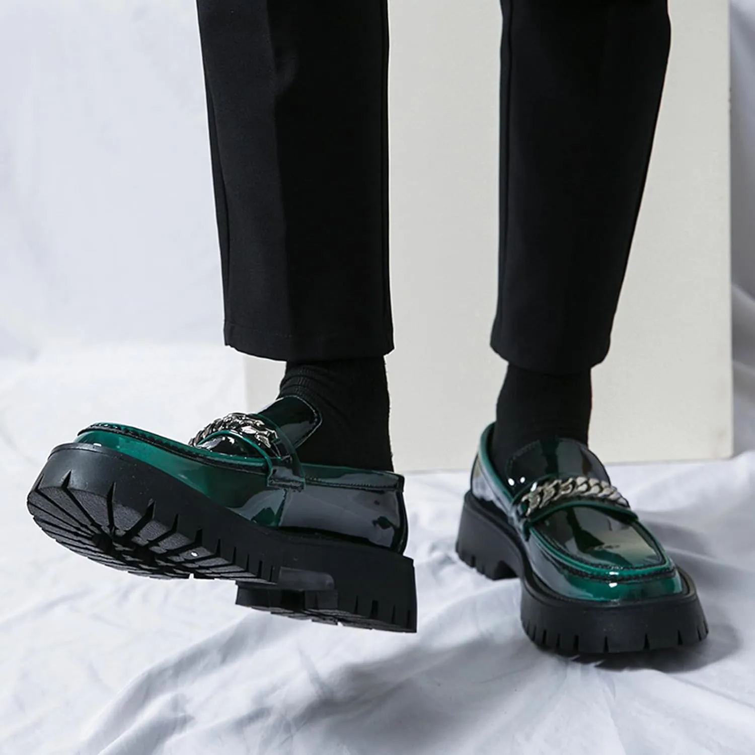 Men's Fashion Patent Leather Lug Sole Loafers,Round Toe Platform Comfort Slip On Dress Shoes
