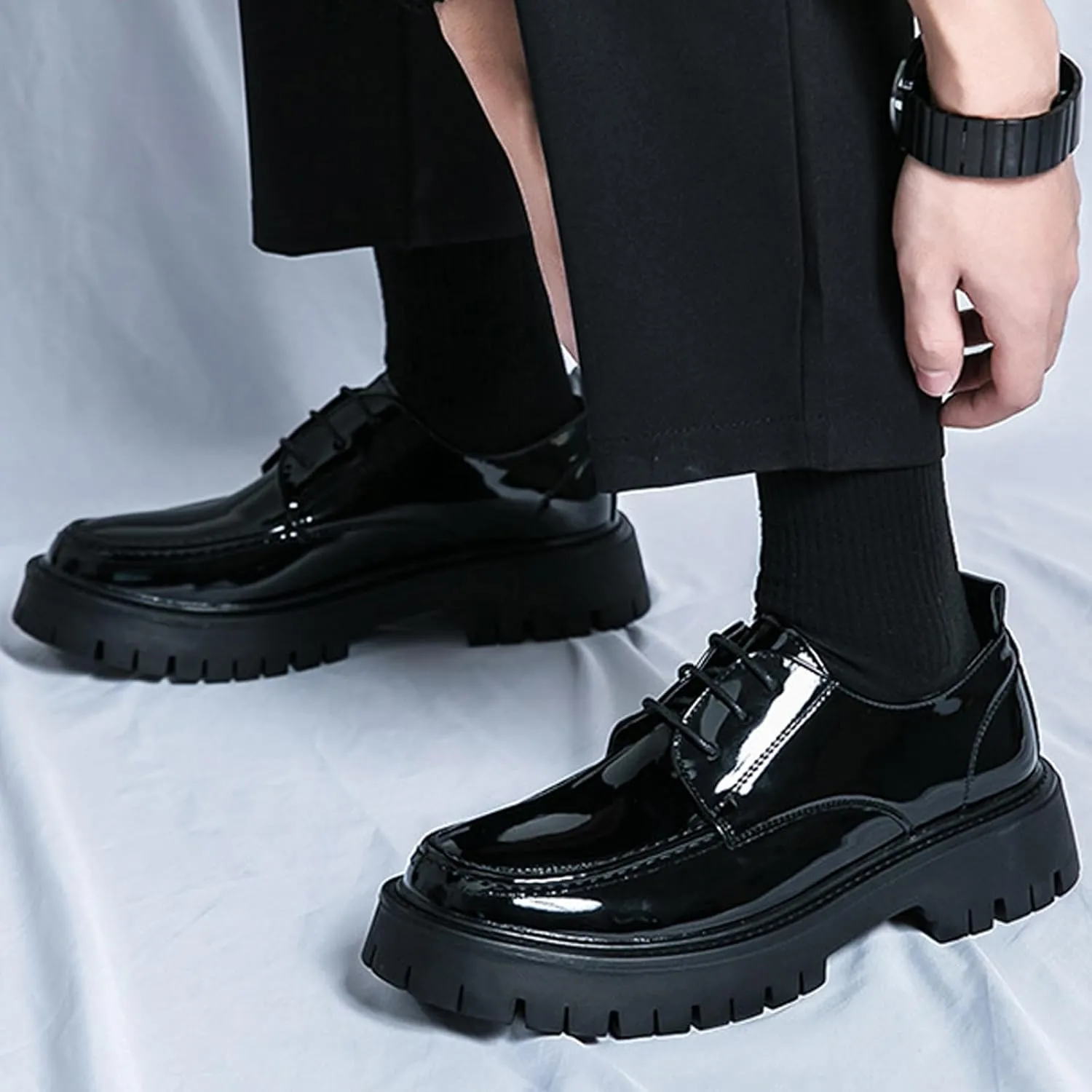 Men's Leather Platform Lace Up Lug Sole Loafers,Classic Round Toe Chunky Heel Comfort Slip On Dress Shoes Casual Formal Work Penny Shoes