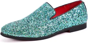 Men's Leather Round Toe Sequined Loafers Slip-On Glitter Fashion Sparkly Casual Shoes Dress Shoes for Prom Party Dating