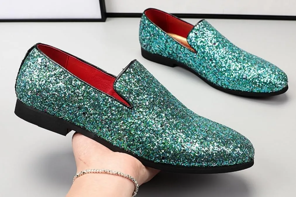 Men's Leather Round Toe Sequined Loafers Slip-On Glitter Fashion Sparkly Casual Shoes Dress Shoes for Prom Party Dating