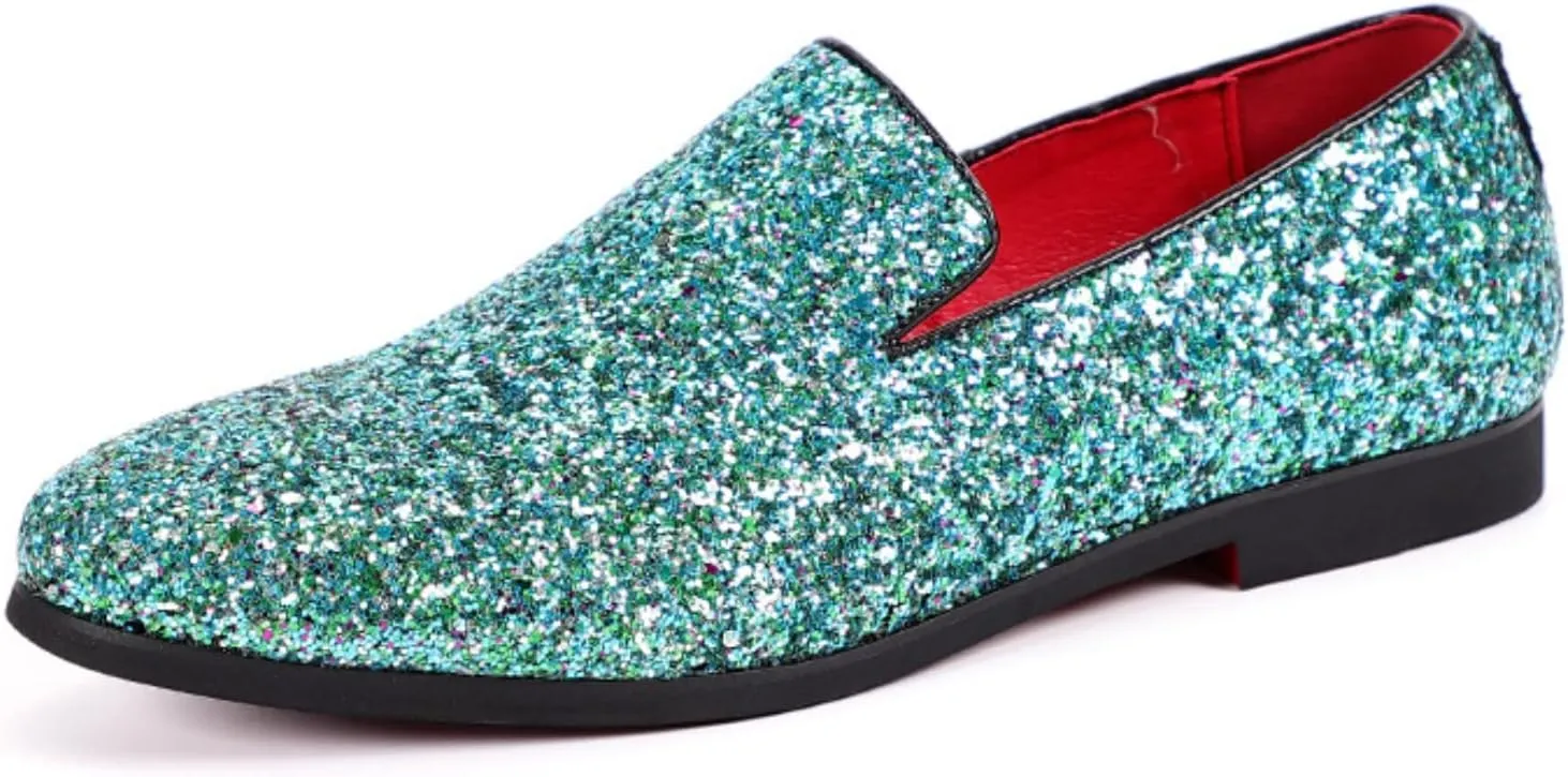Men's Leather Round Toe Sequined Loafers Slip-On Glitter Fashion Sparkly Casual Shoes Dress Shoes for Prom Party Dating