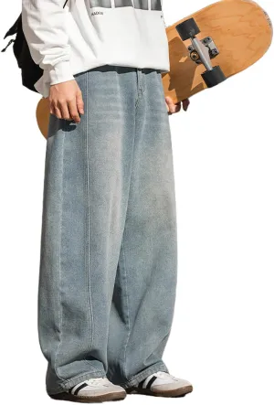 Mens Wide Leg Jeans Mid Rise Baggy Skater Jeans Casual Loose Hip Hop Barrel Denim Pants Streetwear