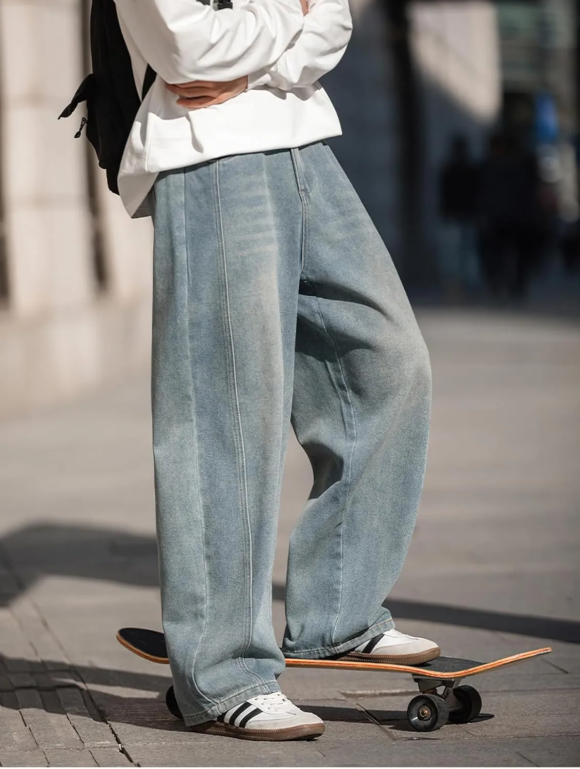 Mens Wide Leg Jeans Mid Rise Baggy Skater Jeans Casual Loose Hip Hop Barrel Denim Pants Streetwear