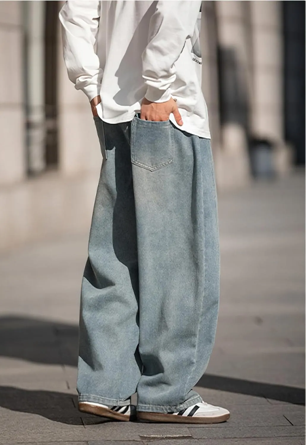 Mens Wide Leg Jeans Mid Rise Baggy Skater Jeans Casual Loose Hip Hop Barrel Denim Pants Streetwear