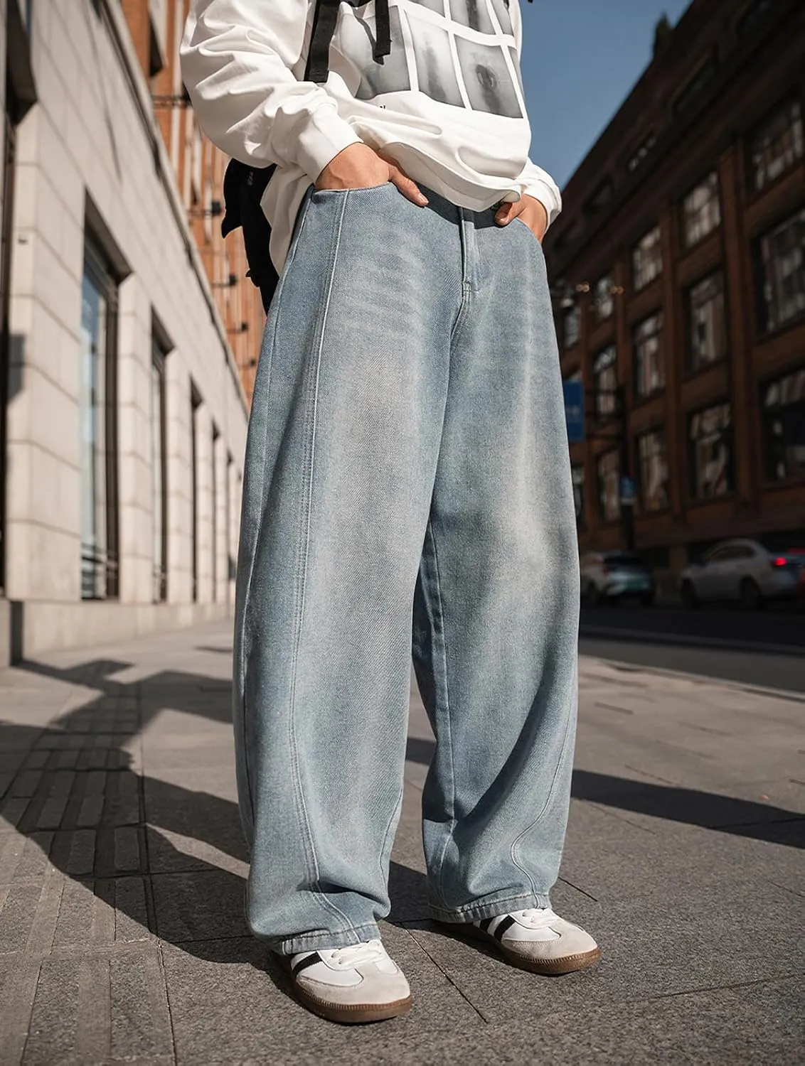 Mens Wide Leg Jeans Mid Rise Baggy Skater Jeans Casual Loose Hip Hop Barrel Denim Pants Streetwear