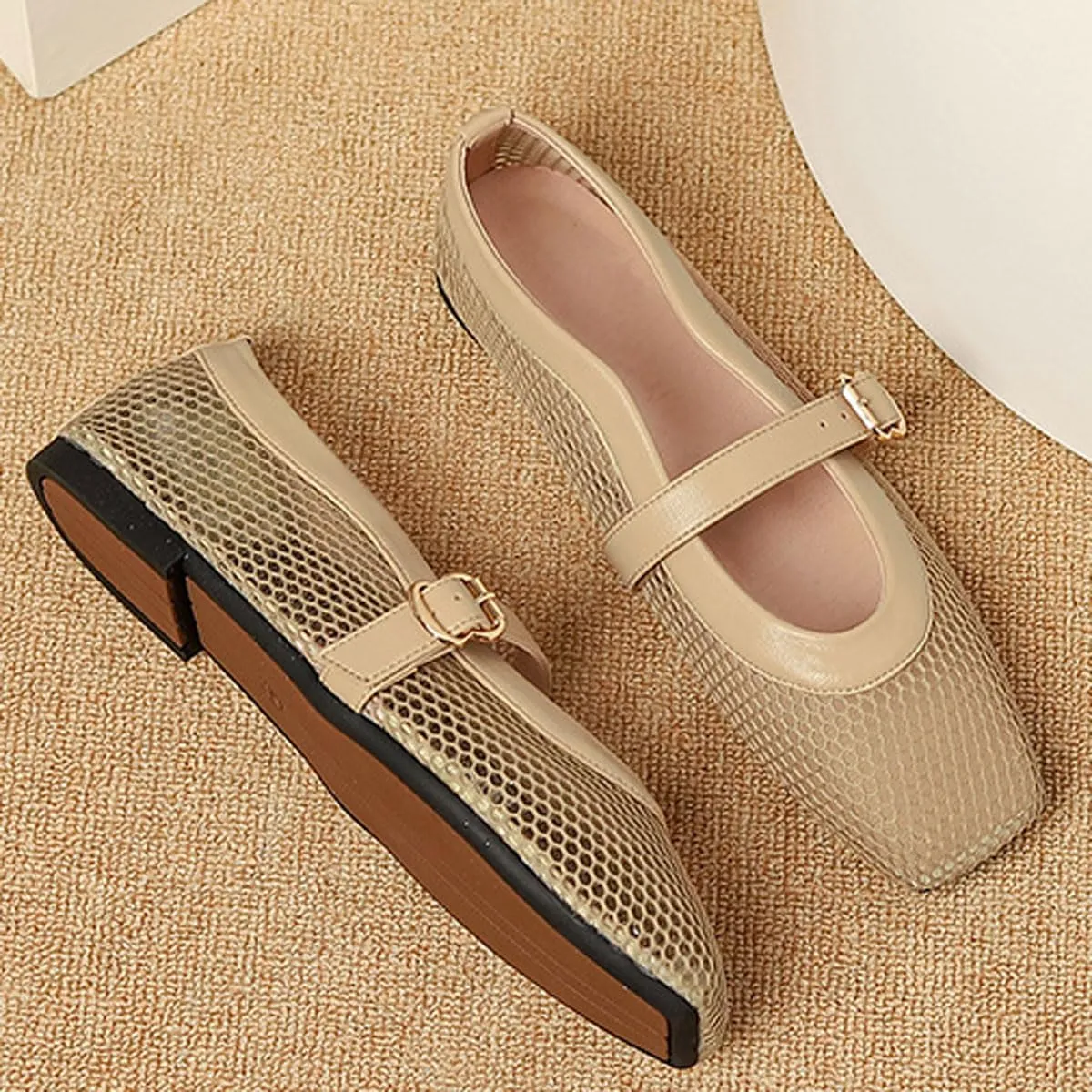 Mesh Ballet Flats for Women Buckle Strap Fishnet Square Toe Ballerina Casual Dress Summer Comfy Shoes
