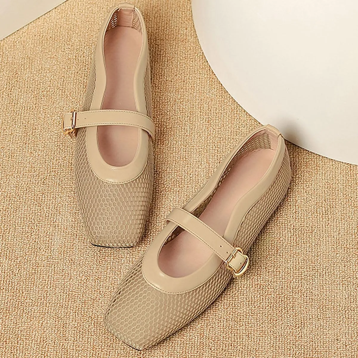 Mesh Ballet Flats for Women Buckle Strap Fishnet Square Toe Ballerina Casual Dress Summer Comfy Shoes