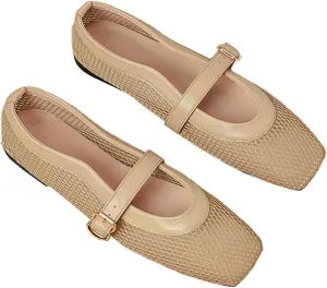 Mesh Ballet Flats for Women Buckle Strap Fishnet Square Toe Ballerina Casual Dress Summer Comfy Shoes