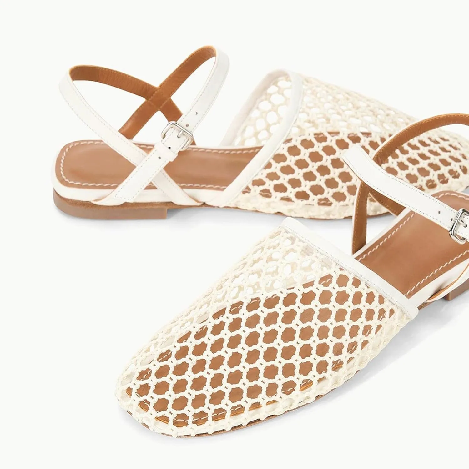 Mesh Ballet Flats for Women Slingback Flats Round Toe Mary Jane Flat Fishnet Ballerina Shoes Comfortable Casual with Buckle Strap