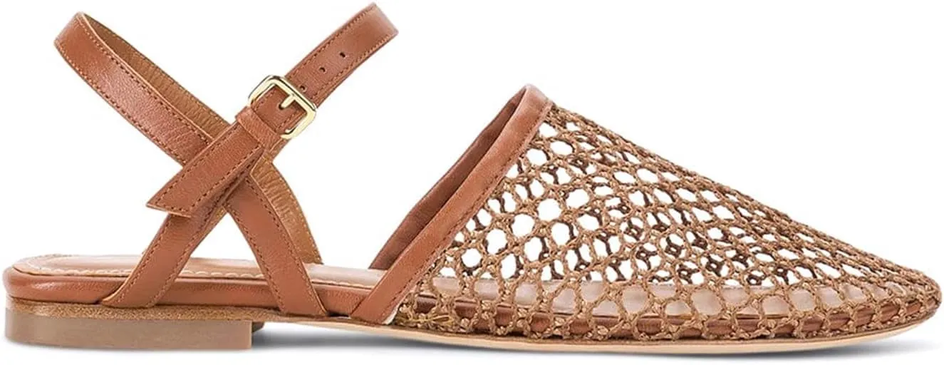 Mesh Ballet Flats for Women Slingback Flats Round Toe Mary Jane Flat Fishnet Ballerina Shoes Comfortable Casual with Buckle Strap