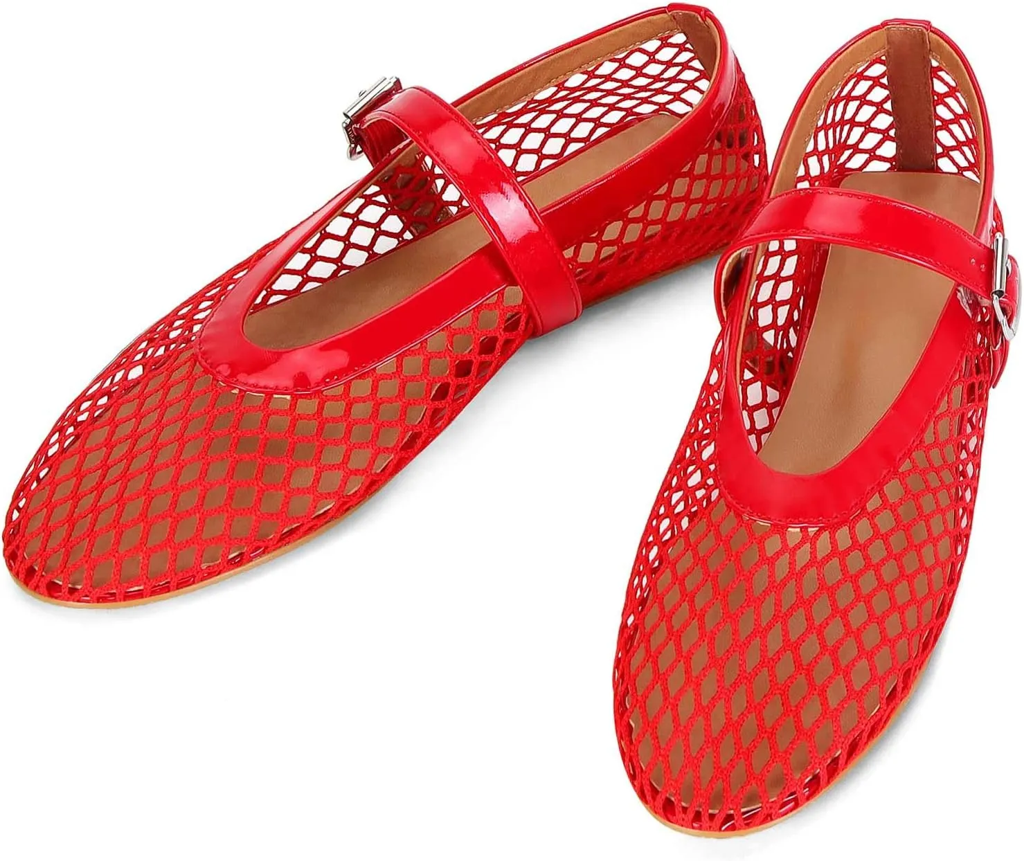 MICIFA Women's Mesh Ballet Flats Fishnet Ballerina Flats Buckle Strap Mary Jane Flats Causal Daily Dress Shoes