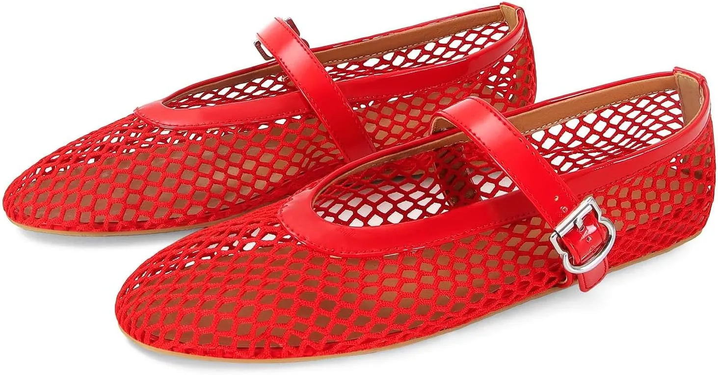 MICIFA Women's Mesh Ballet Flats Fishnet Ballerina Flats Buckle Strap Mary Jane Flats Causal Daily Dress Shoes