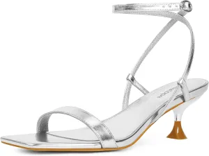 Modatope Kitten Heels for Women Open Square Toe Ankle Strap Sandals Low Heels Dress Shoes for Party