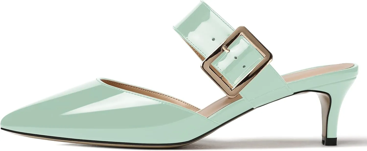 MODENCOCO Women's Adjustable Strap Pointed Toe Patent Buckle Kitten Low Heel Slides Sandals 2 Inch