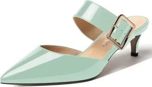 MODENCOCO Women's Adjustable Strap Pointed Toe Patent Buckle Kitten Low Heel Slides Sandals 2 Inch