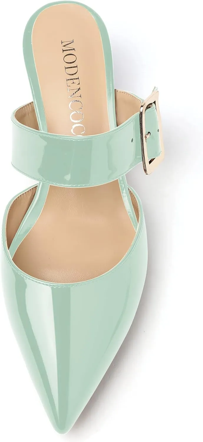 MODENCOCO Women's Adjustable Strap Pointed Toe Patent Buckle Kitten Low Heel Slides Sandals 2 Inch