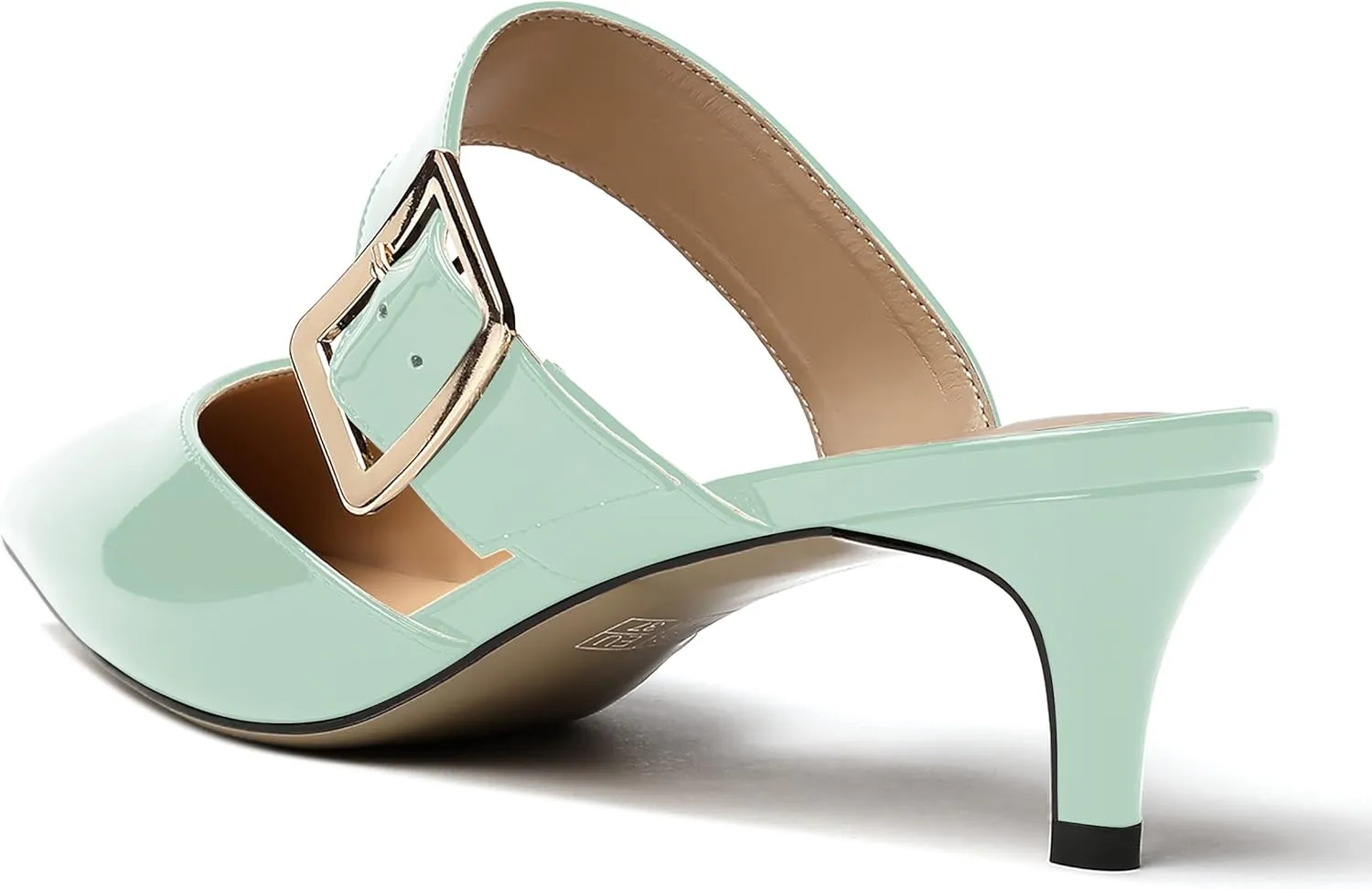 MODENCOCO Women's Adjustable Strap Pointed Toe Patent Buckle Kitten Low Heel Slides Sandals 2 Inch