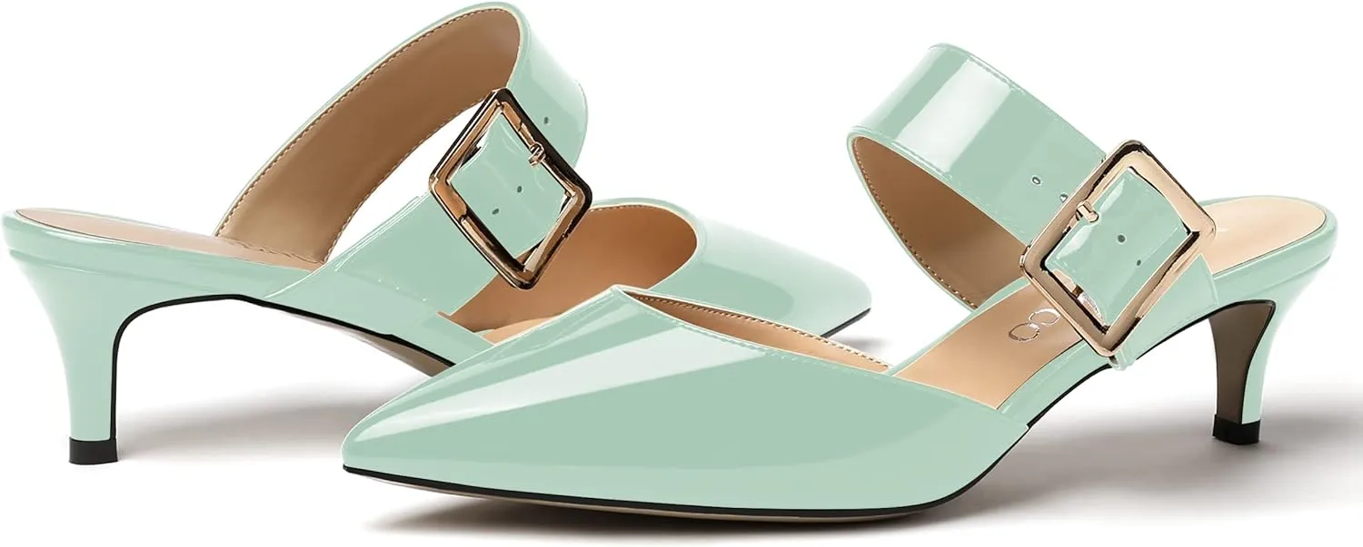 MODENCOCO Women's Adjustable Strap Pointed Toe Patent Buckle Kitten Low Heel Slides Sandals 2 Inch