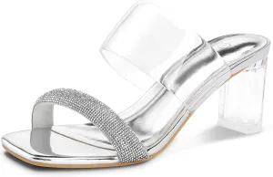 mysoft Clear Heels for Women Transparent Two Strap Block Chunky Square Heel Sandals Open Toe Slip On Sandals