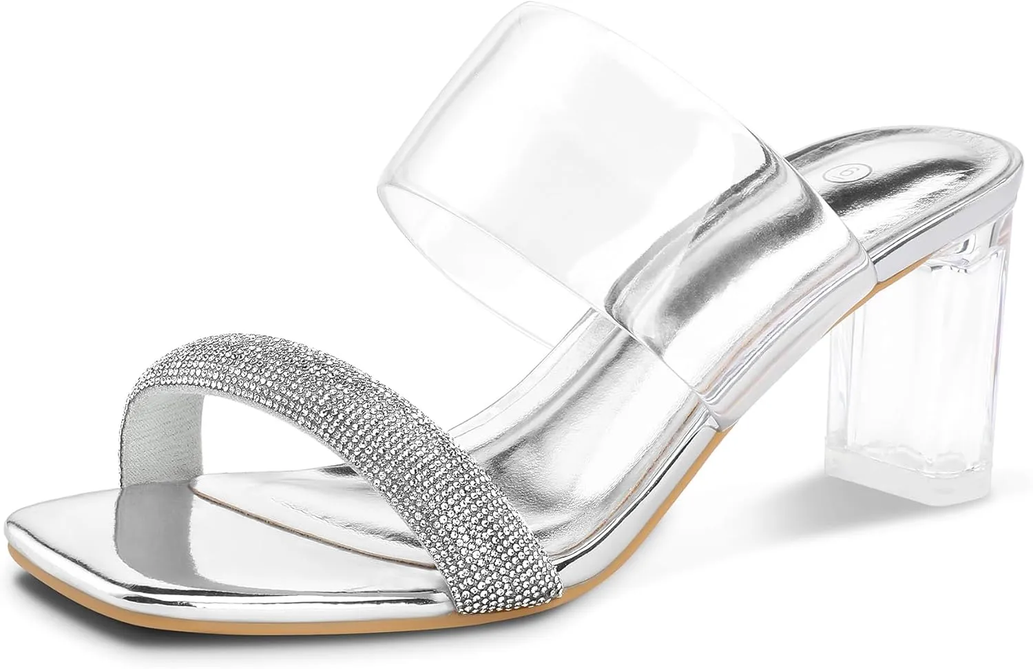 mysoft Clear Heels for Women Transparent Two Strap Block Chunky Square Heel Sandals Open Toe Slip On Sandals