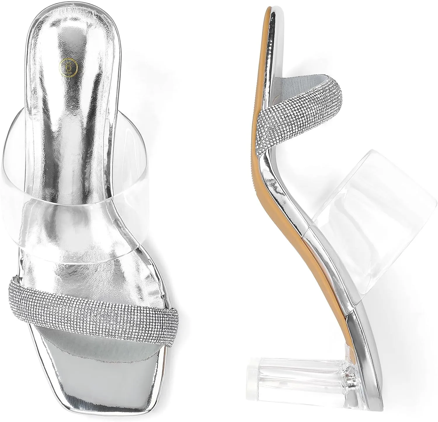 mysoft Clear Heels for Women Transparent Two Strap Block Chunky Square Heel Sandals Open Toe Slip On Sandals