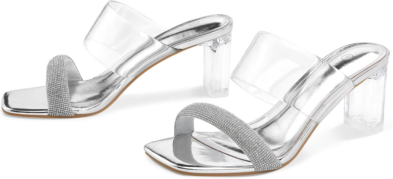 mysoft Clear Heels for Women Transparent Two Strap Block Chunky Square Heel Sandals Open Toe Slip On Sandals