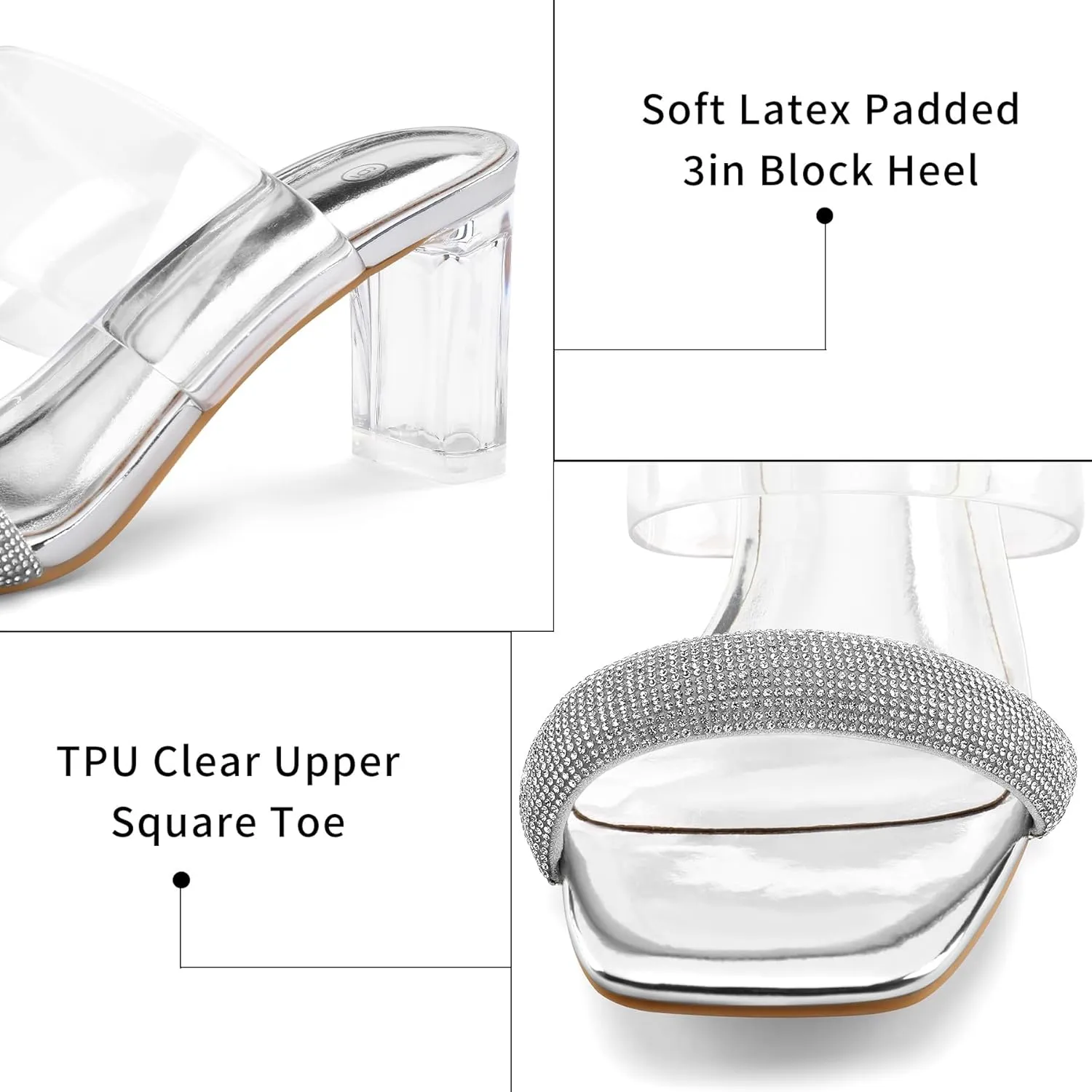 mysoft Clear Heels for Women Transparent Two Strap Block Chunky Square Heel Sandals Open Toe Slip On Sandals