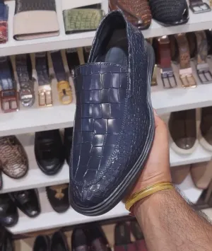 Navy Crocodile Scaled Eva Sole Loafers