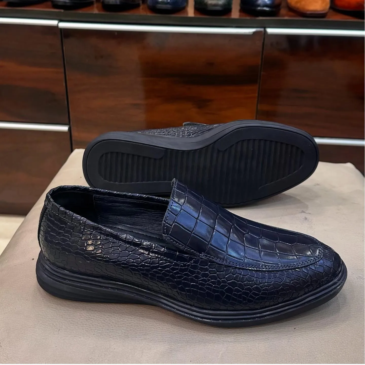 Navy Crocodile Scaled Eva Sole Loafers