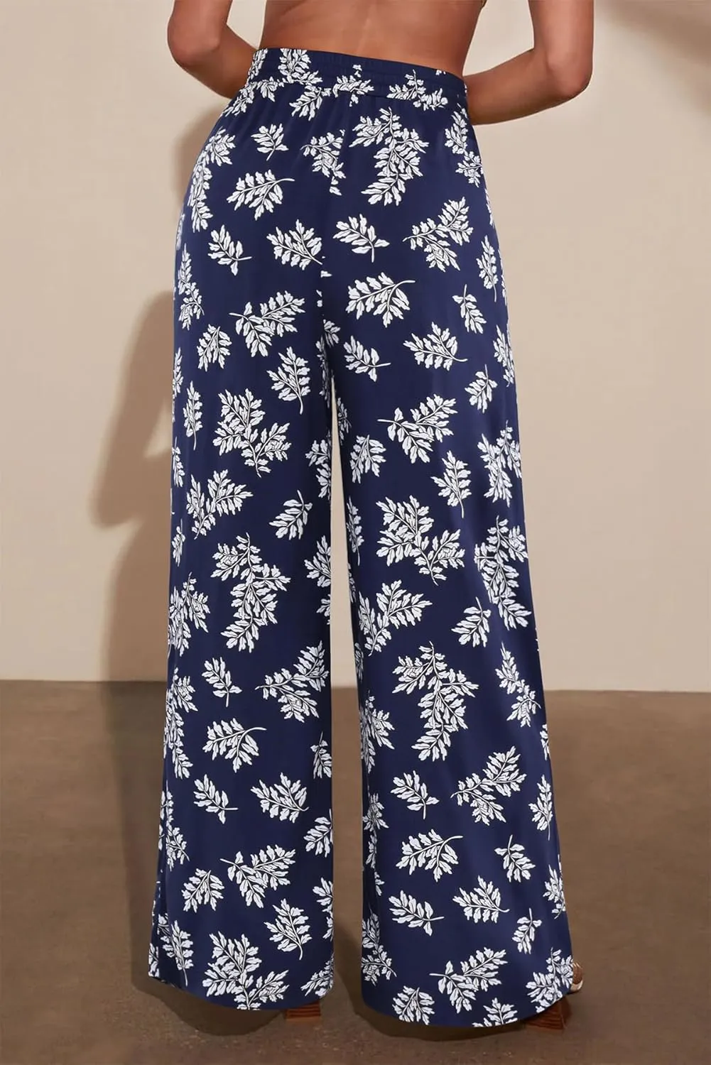 NIMIN Women Wide Leg Palazzo Pants High Waisted Casual Flowy Lounge Pants Floral Solid Beach Trousers with Pockets