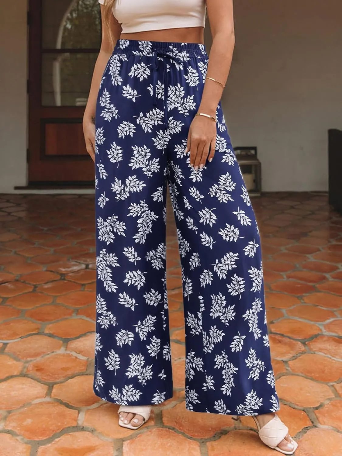 NIMIN Women Wide Leg Palazzo Pants High Waisted Casual Flowy Lounge Pants Floral Solid Beach Trousers with Pockets