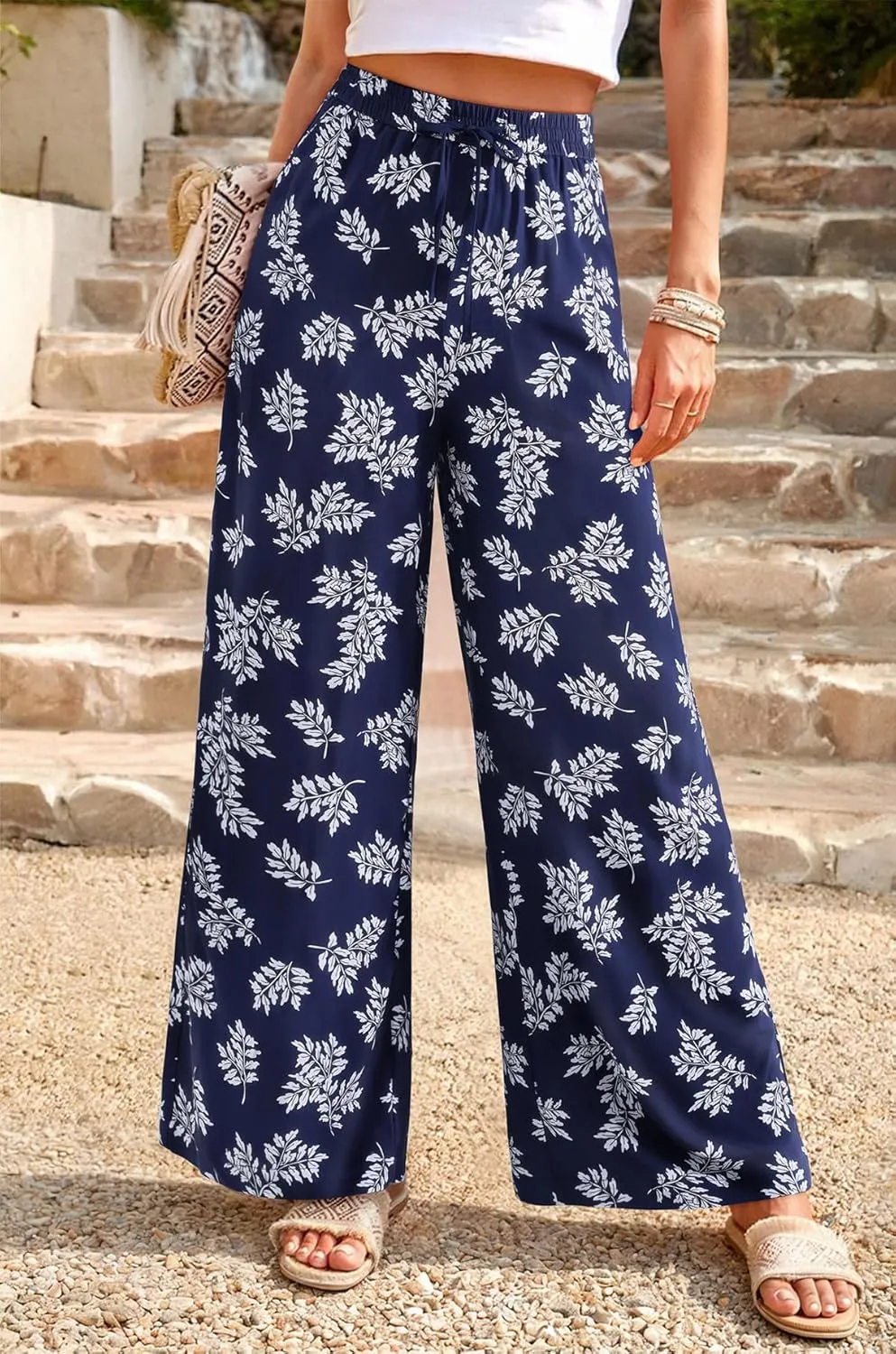 NIMIN Women Wide Leg Palazzo Pants High Waisted Casual Flowy Lounge Pants Floral Solid Beach Trousers with Pockets
