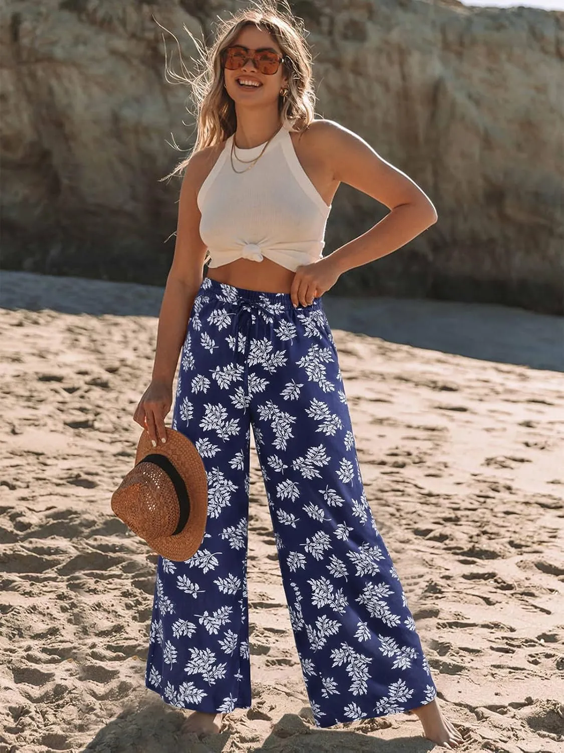 NIMIN Women Wide Leg Palazzo Pants High Waisted Casual Flowy Lounge Pants Floral Solid Beach Trousers with Pockets