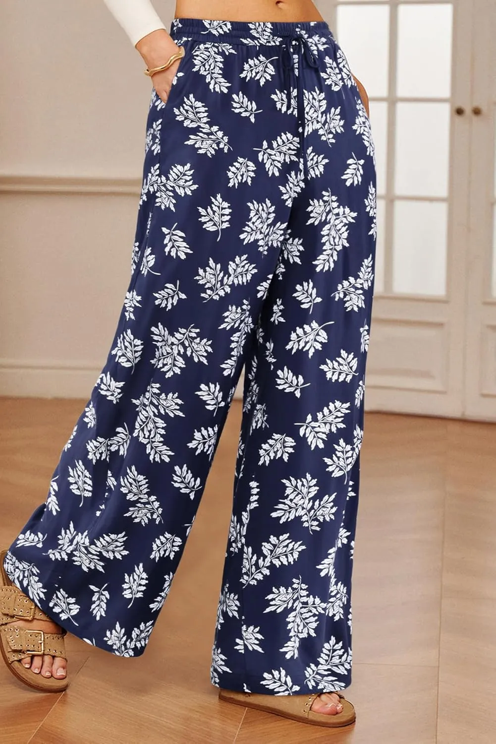NIMIN Women Wide Leg Palazzo Pants High Waisted Casual Flowy Lounge Pants Floral Solid Beach Trousers with Pockets