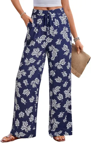 NIMIN Women Wide Leg Palazzo Pants High Waisted Casual Flowy Lounge Pants Floral Solid Beach Trousers with Pockets