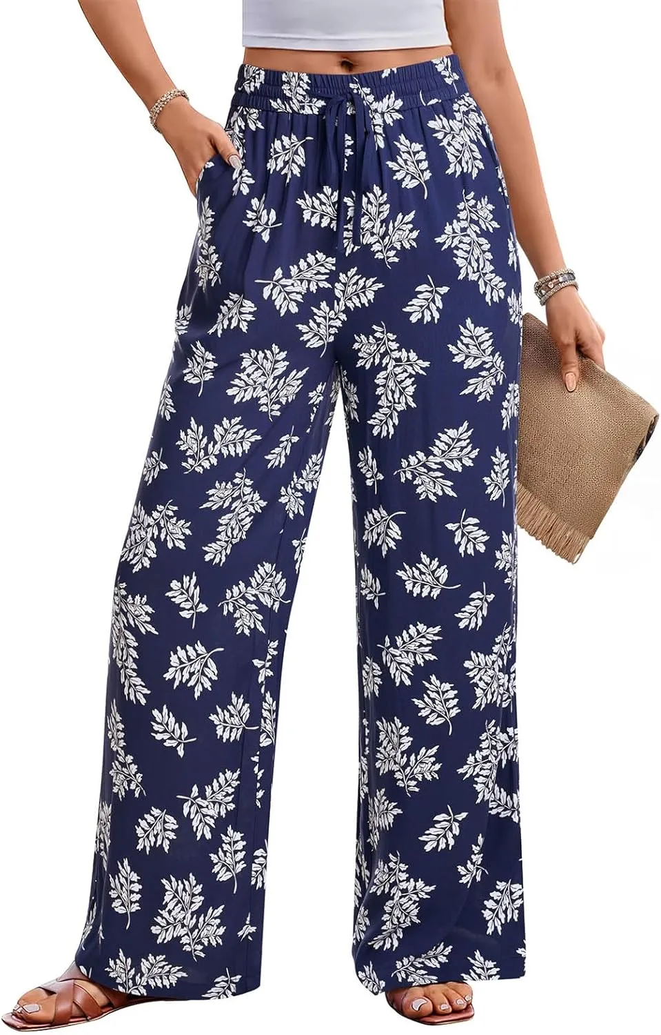 NIMIN Women Wide Leg Palazzo Pants High Waisted Casual Flowy Lounge Pants Floral Solid Beach Trousers with Pockets