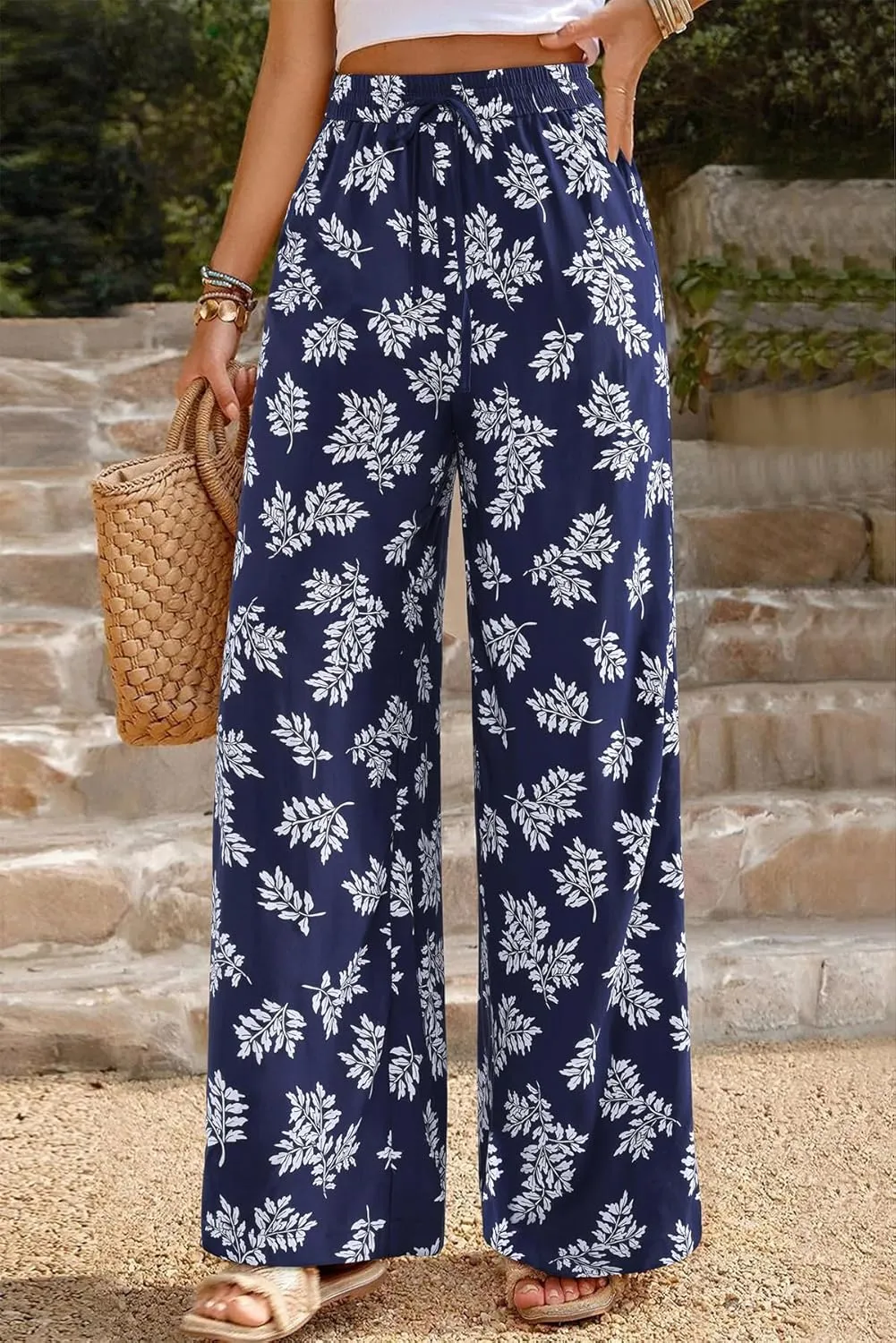NIMIN Women Wide Leg Palazzo Pants High Waisted Casual Flowy Lounge Pants Floral Solid Beach Trousers with Pockets
