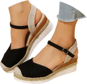 Orthopedic Platform Wedge Sandals for Women Summer Dressy 2023 Flat Open Toe Ankle Strap Espadrilles Sandals Casual Strappy Slip on Sandals Beach Boho Sandals Comfortable Outdoor Shoes (1-Black, 7)
