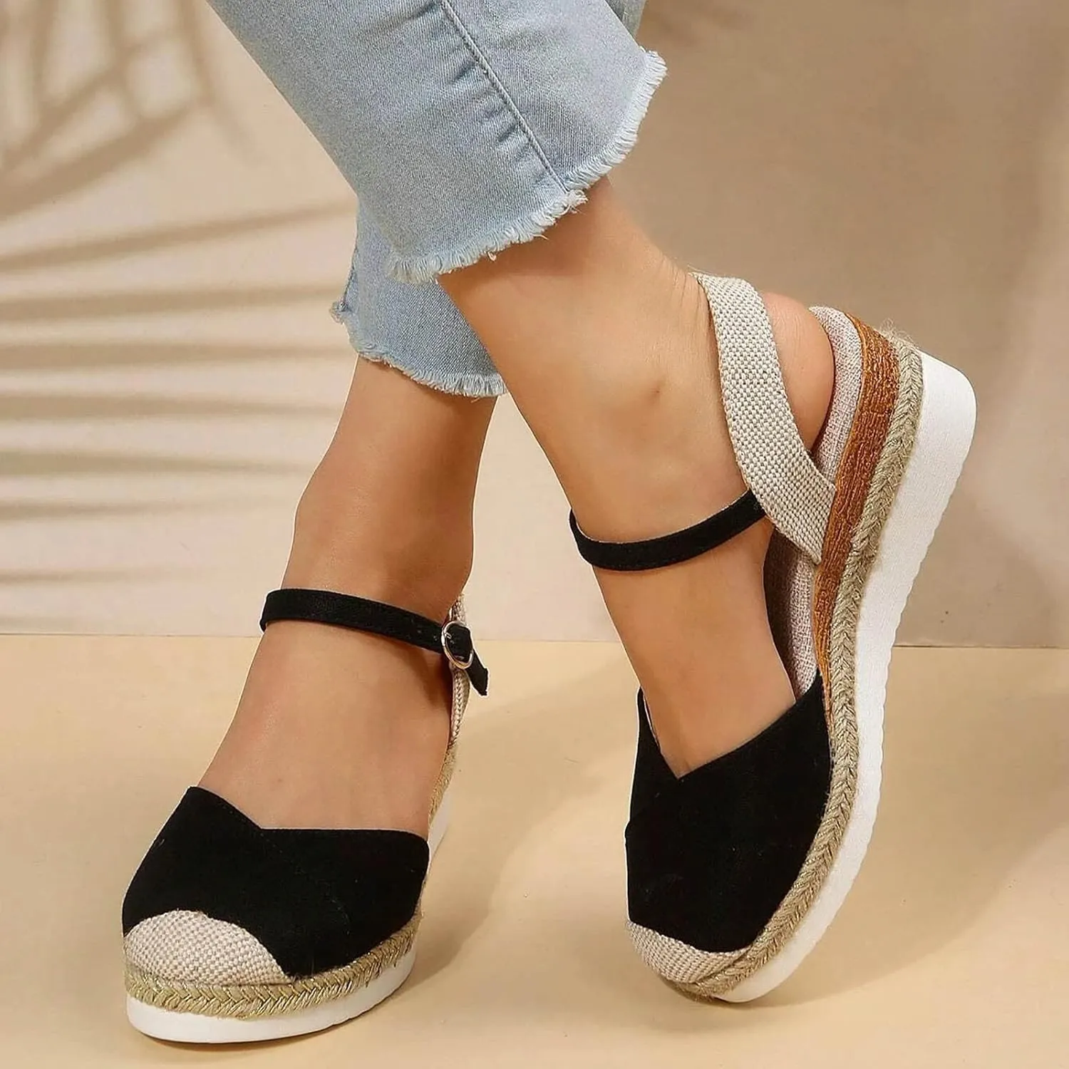 Orthopedic Platform Wedge Sandals for Women Summer Dressy 2023 Flat Open Toe Ankle Strap Espadrilles Sandals Casual Strappy Slip on Sandals Beach Boho Sandals Comfortable Outdoor Shoes (1-Black, 7)