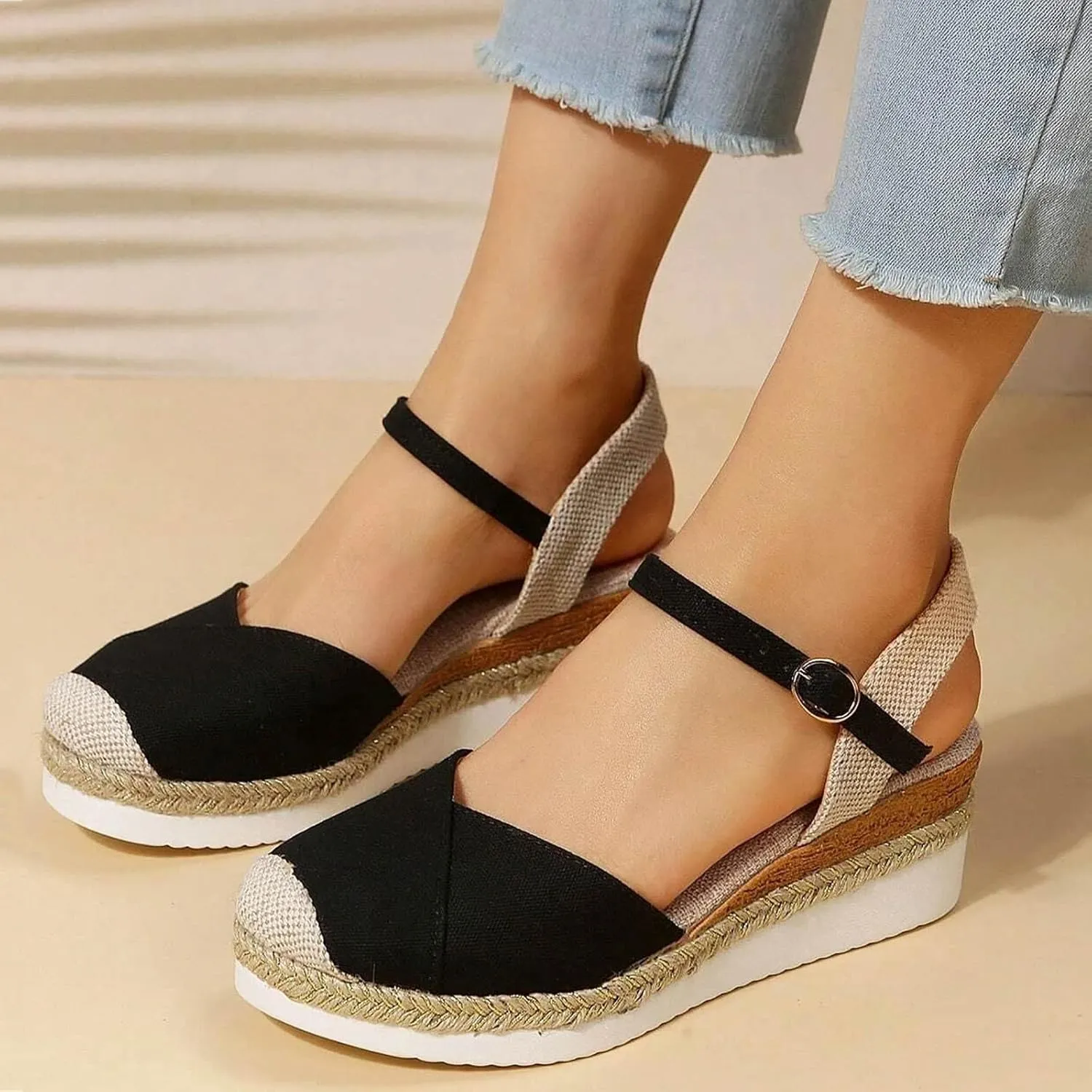 Orthopedic Platform Wedge Sandals for Women Summer Dressy 2023 Flat Open Toe Ankle Strap Espadrilles Sandals Casual Strappy Slip on Sandals Beach Boho Sandals Comfortable Outdoor Shoes (1-Black, 7)