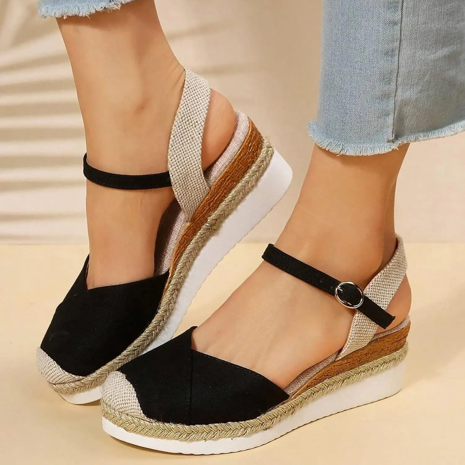 Orthopedic Platform Wedge Sandals for Women Summer Dressy 2023 Flat Open Toe Ankle Strap Espadrilles Sandals Casual Strappy Slip on Sandals Beach Boho Sandals Comfortable Outdoor Shoes (1-Black, 7)