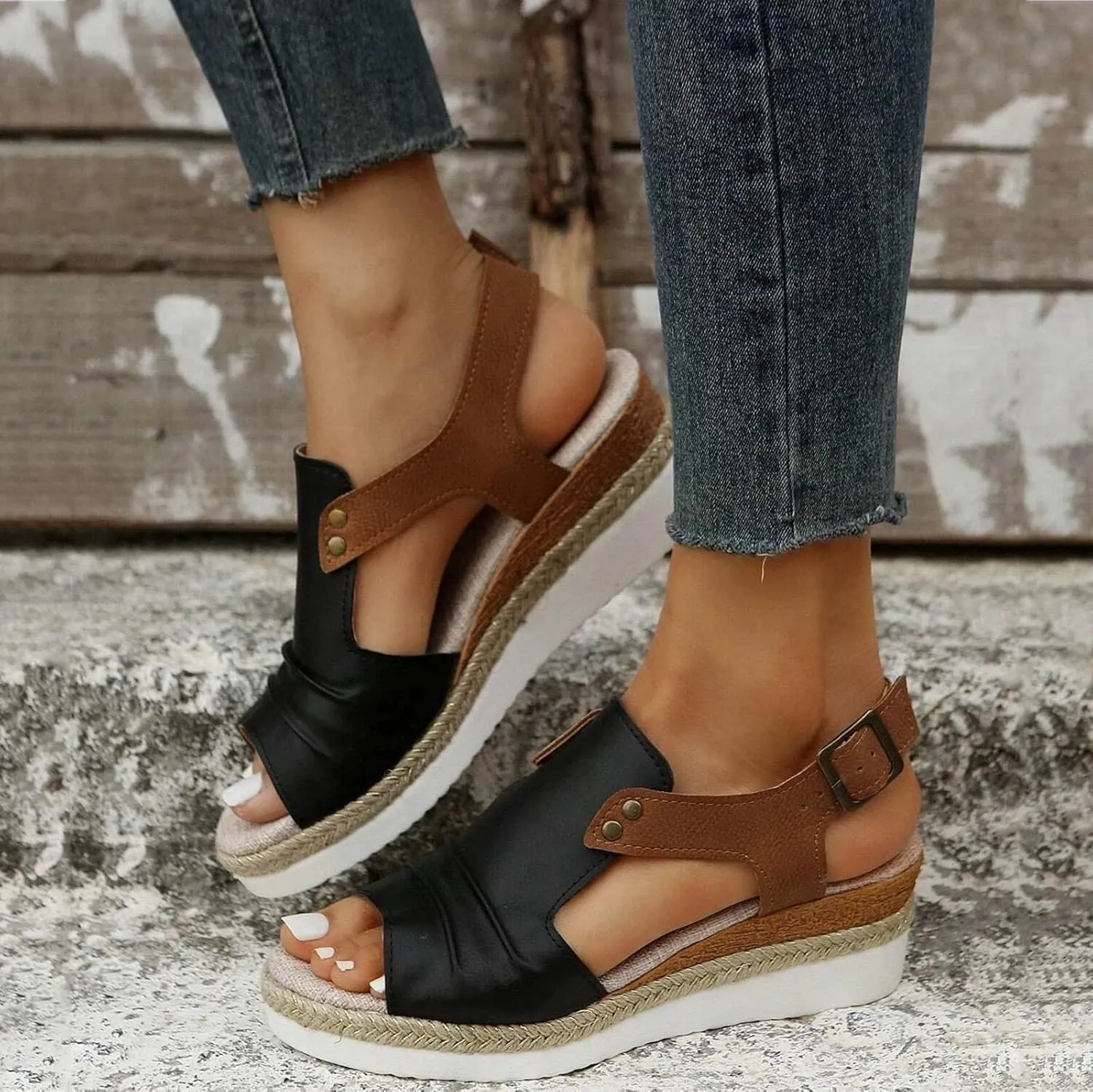 Orthopedic Platform Wedge Sandals for Women Summer Dressy 2023 Flat Open Toe Ankle Strap Espadrilles Sandals Casual Strappy Slip on Sandals Beach Boho Sandals Comfortable Outdoor Shoes (3-Black, 6.5)