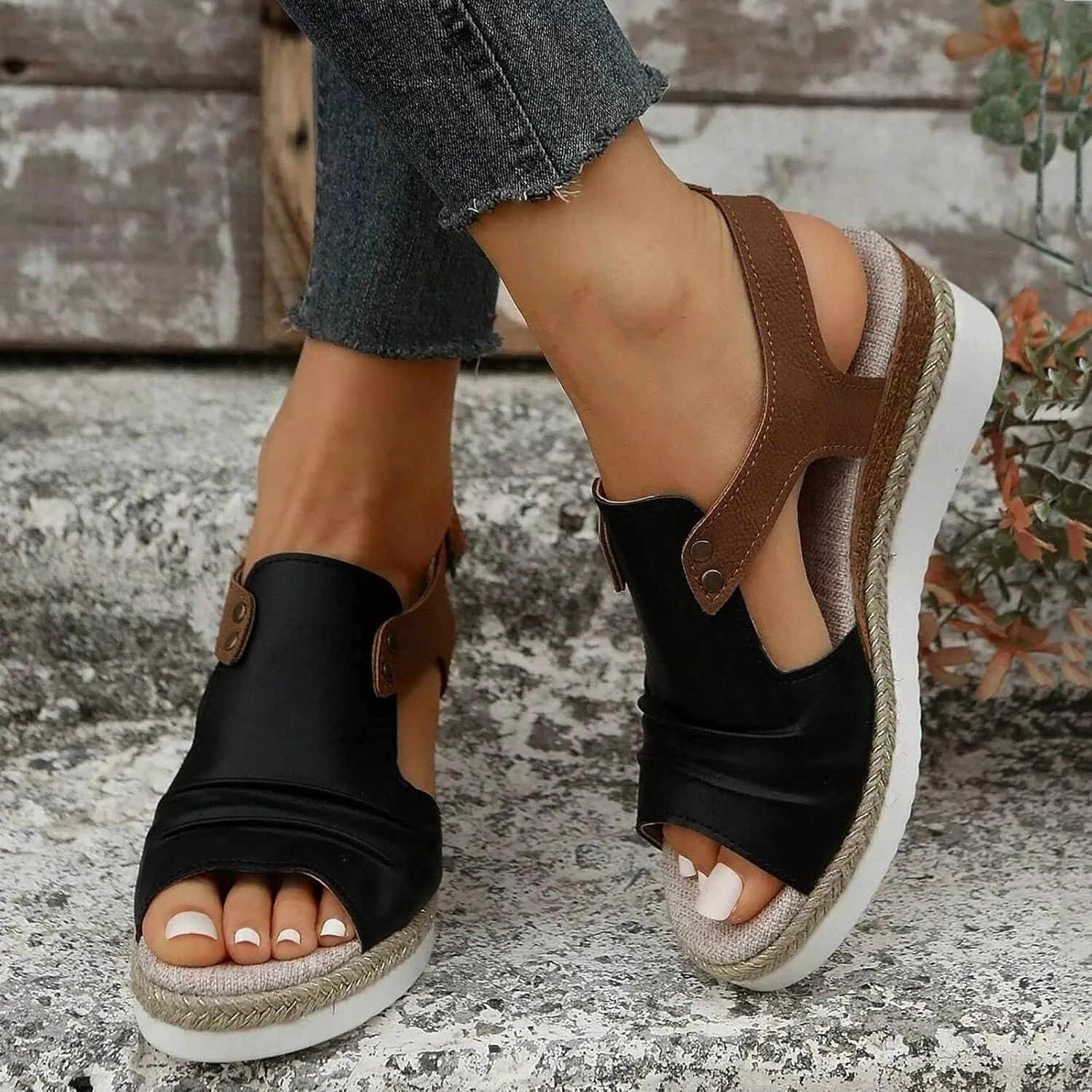 Orthopedic Platform Wedge Sandals for Women Summer Dressy 2023 Flat Open Toe Ankle Strap Espadrilles Sandals Casual Strappy Slip on Sandals Beach Boho Sandals Comfortable Outdoor Shoes (3-Black, 6.5)