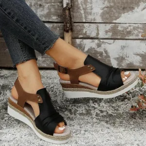 Orthopedic Platform Wedge Sandals for Women Summer Dressy 2023 Flat Open Toe Ankle Strap Espadrilles Sandals Casual Strappy Slip on Sandals Beach Boho Sandals Comfortable Outdoor Shoes (3-Black, 6.5)