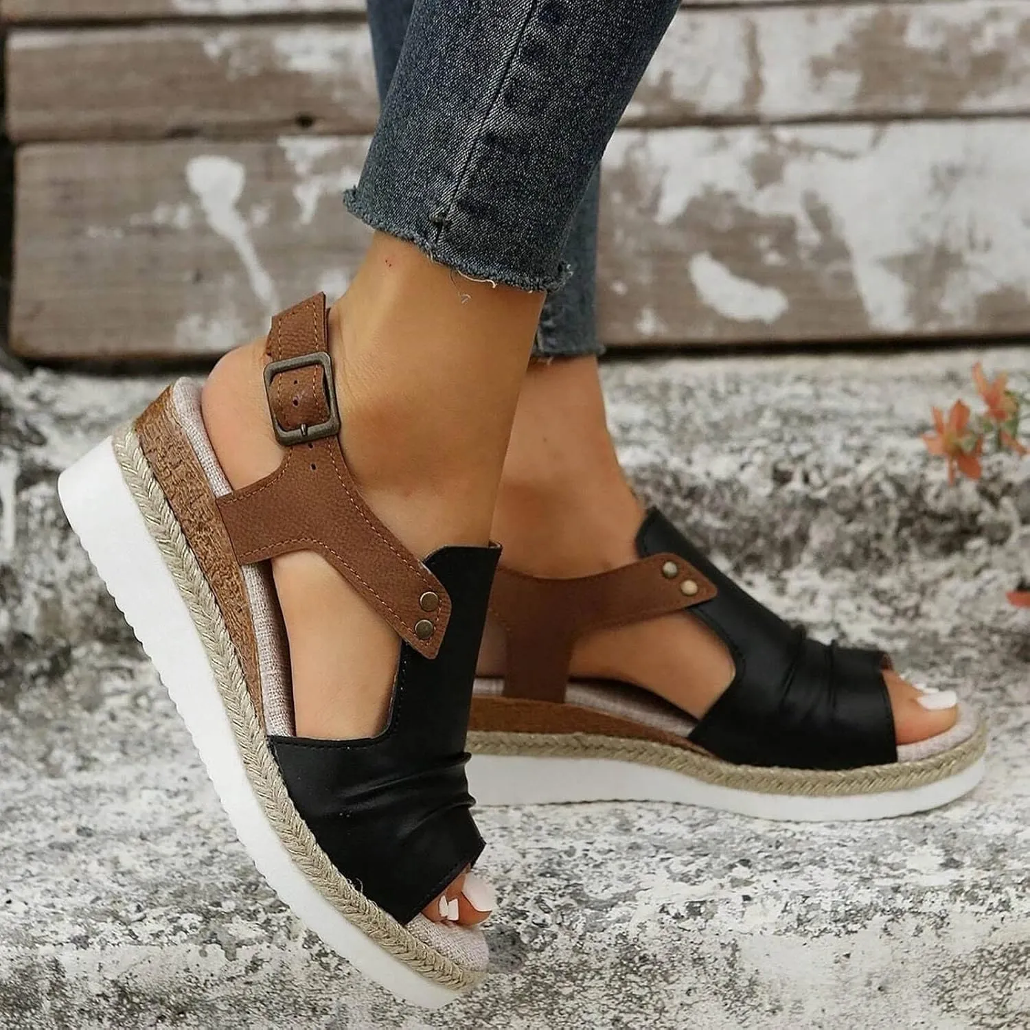Orthopedic Platform Wedge Sandals for Women Summer Dressy 2023 Flat Open Toe Ankle Strap Espadrilles Sandals Casual Strappy Slip on Sandals Beach Boho Sandals Comfortable Outdoor Shoes (3-Black, 6.5)